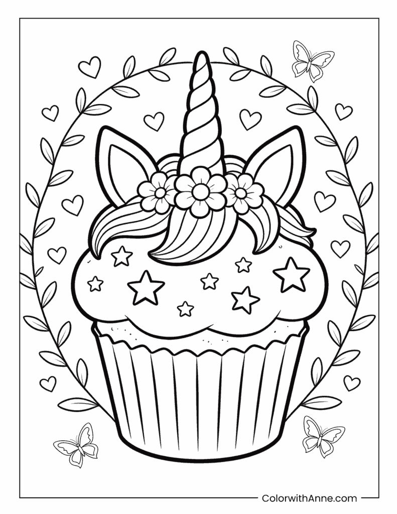 Enchanting Unicorn Cupcake Coloring Page