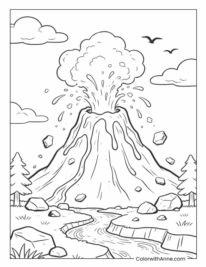Erupting Volcano with River and Flying Birds Scenic Coloring Page