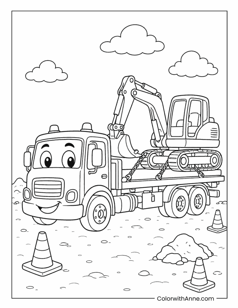 Excavator Transport Truck Coloring Page