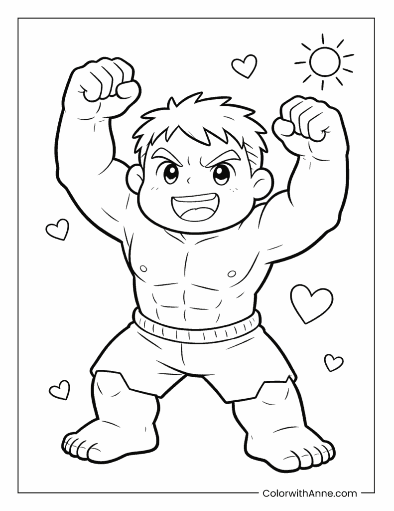 Excited Hulk Surrounded by Hearts and a Sun Coloring Page