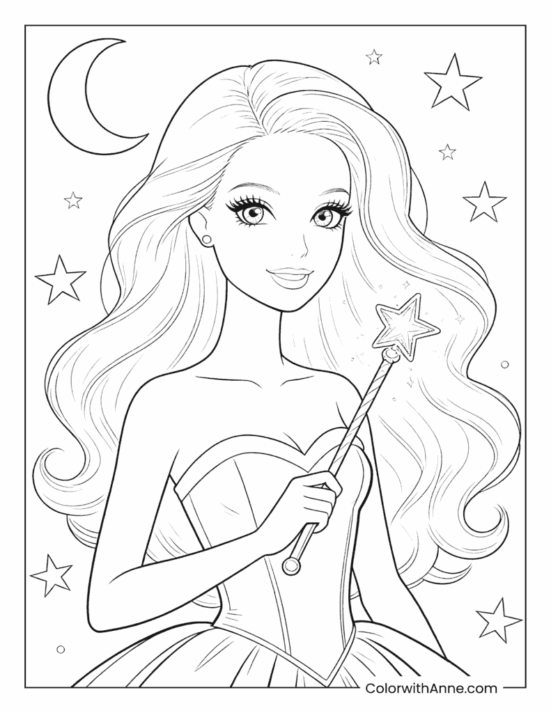 Fairy Barbie with a Magic Wand Under the Moon Coloring Page
