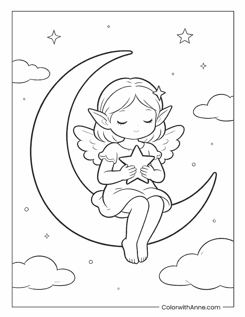 Fairy Sitting on a Crescent Moon Coloring Page