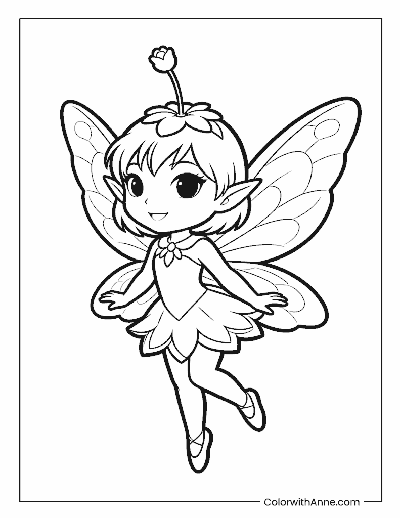 Fairy in Flight with Flower Accents Coloring Page