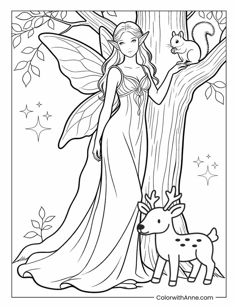 Fairy in the Forest with Deer and Squirrel Coloring Page