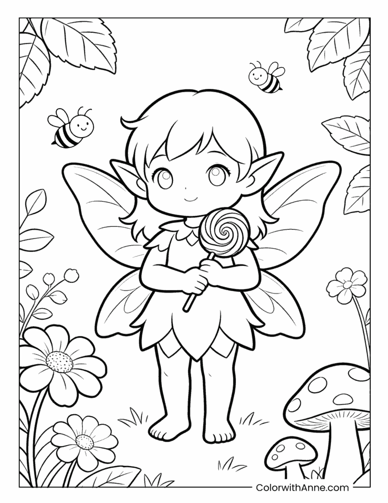 Fairy with Lollipop in Forest Coloring Page