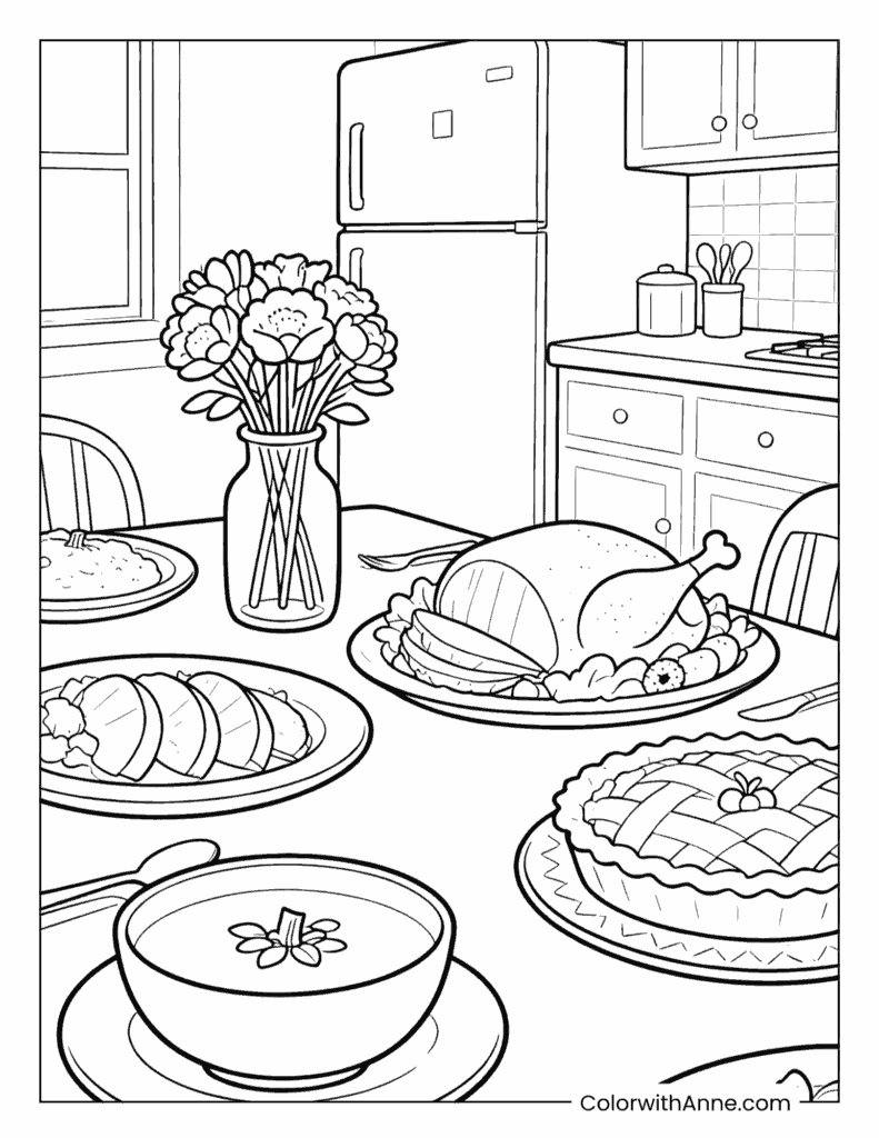 Family Thanksgiving Dinner Coloring Page