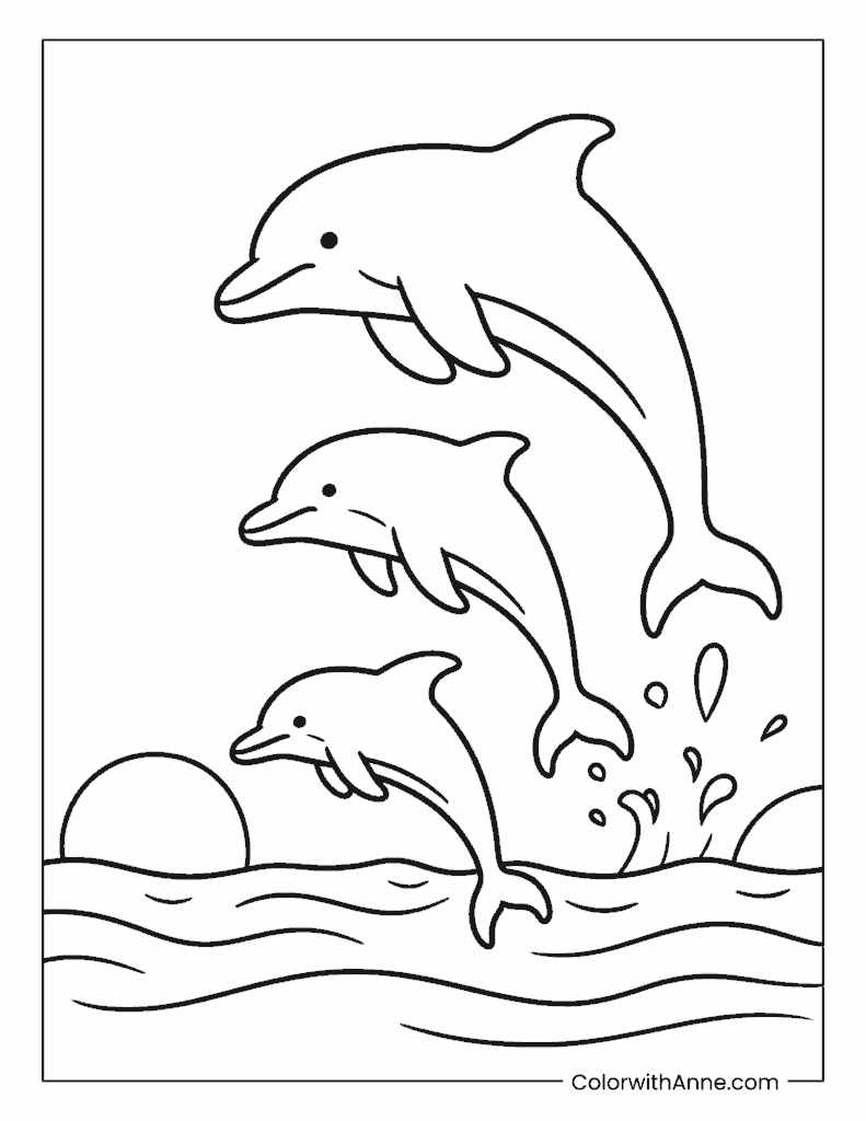 Family of Dolphins Leaping at Sunset Coloring Page