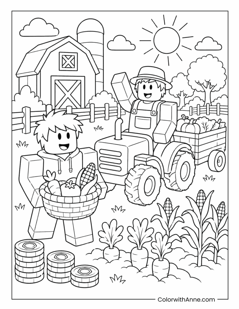 Farm Harvest Adventure Scene with Tractor & Crops Coloring Page