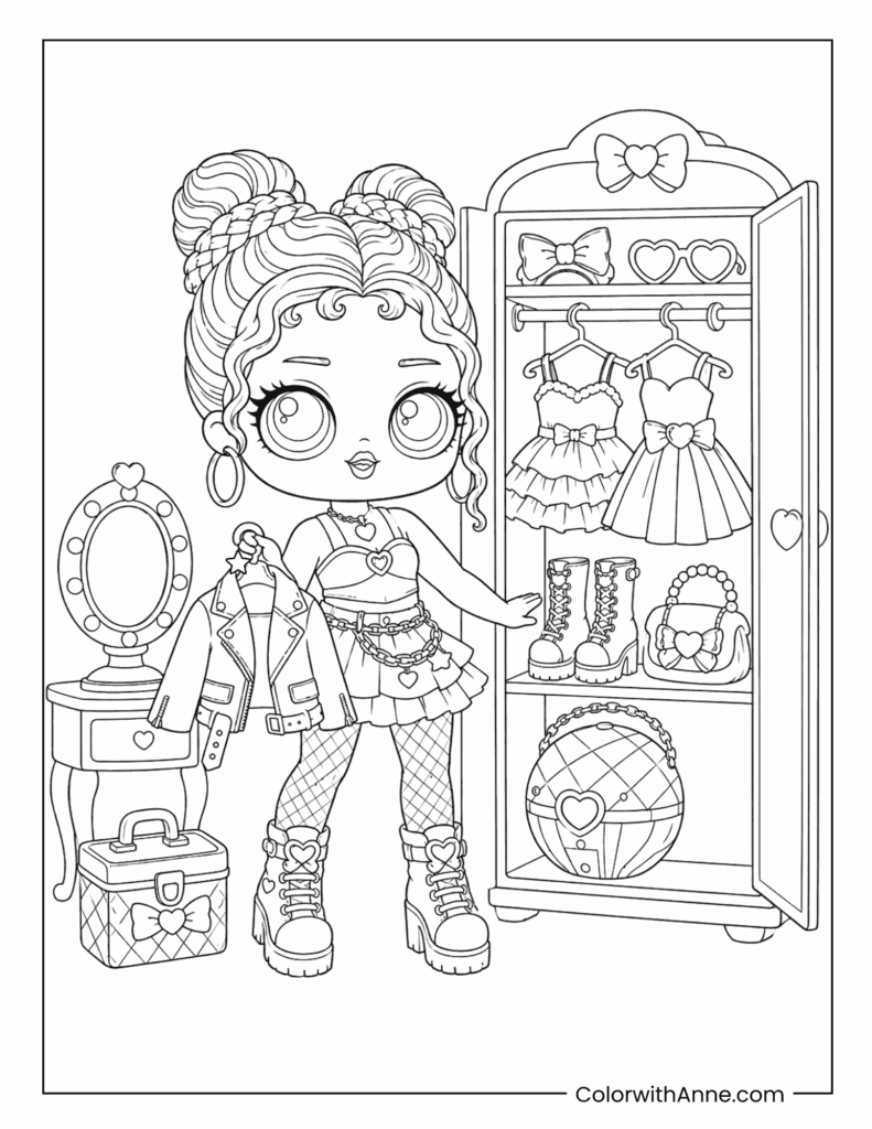 Fashion Doll with Wardrobe and Accessories Coloring Page