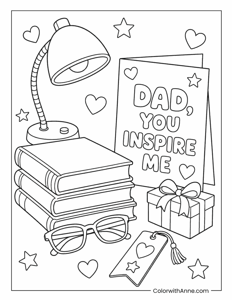 Father's Day Dad Desk Books Gift Coloring Page