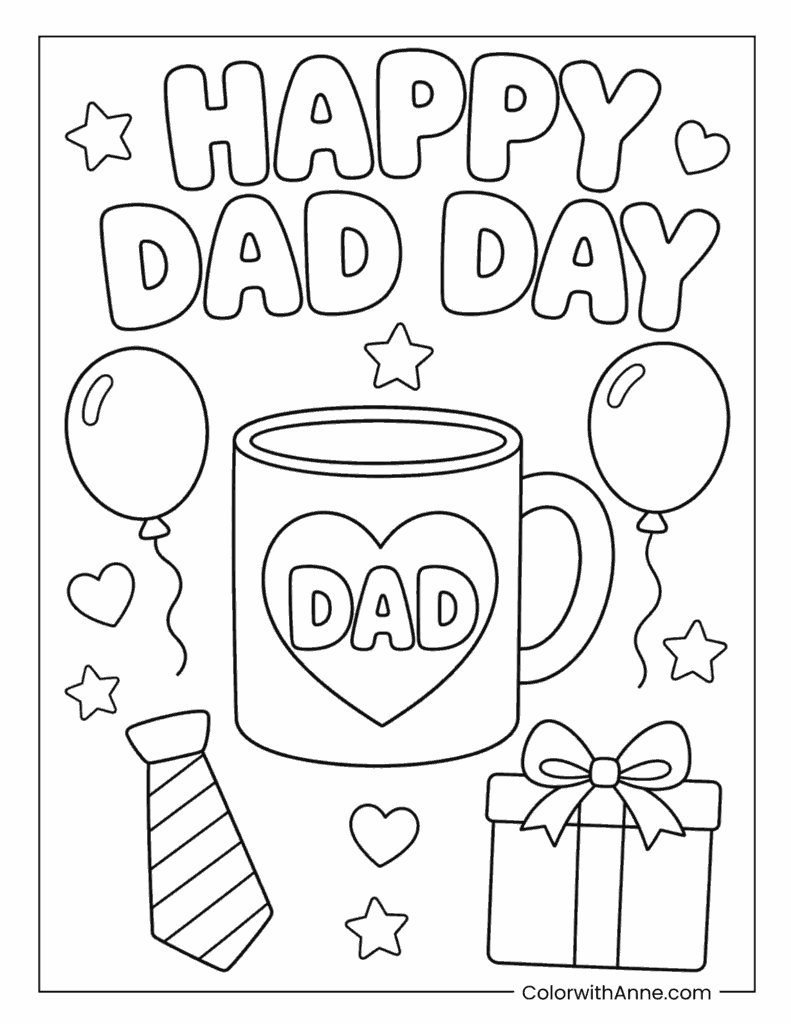 Father's Day Dad Mug Balloons Tie Gift Coloring Page