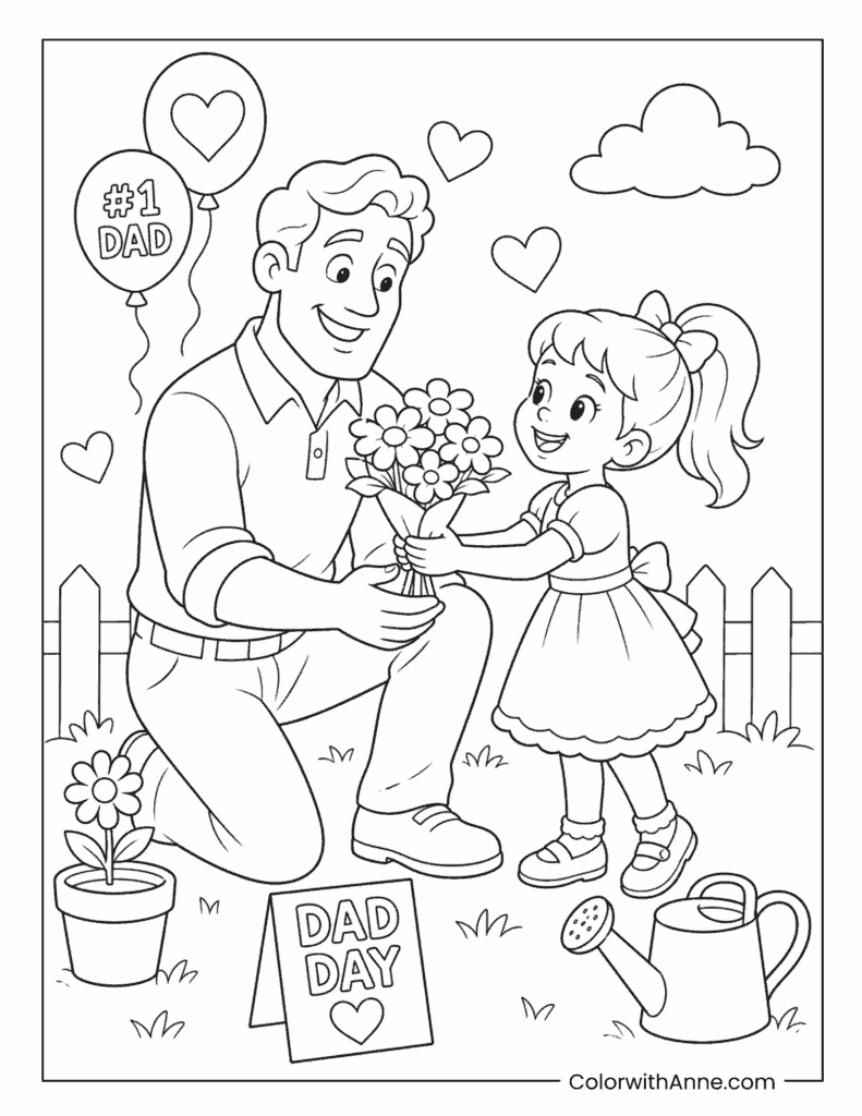 Father's Day Father Receiving Flowers Coloring Page