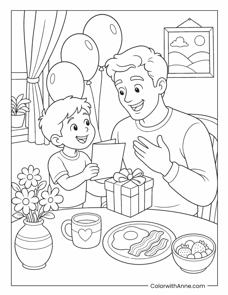 Father's Day Father Receiving Gift At Table Coloring Page