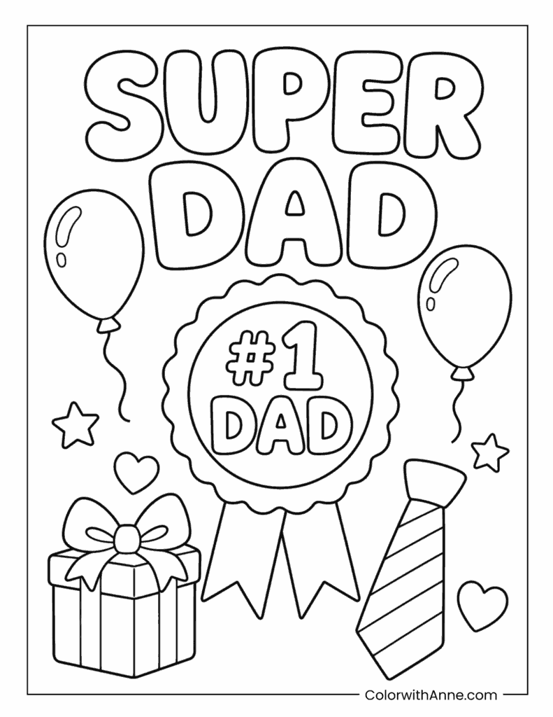 Father's Day Super Dad Medal Balloons Coloring Page