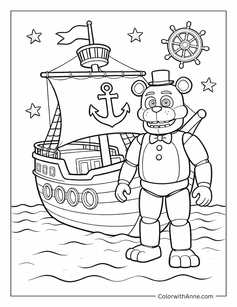 Fazbear and His Sailing Ship Coloring Page