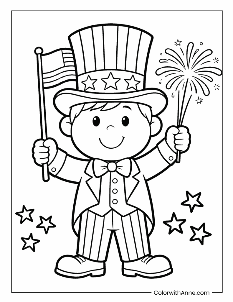 Festive Boy with Flag 4th of July Coloring Page