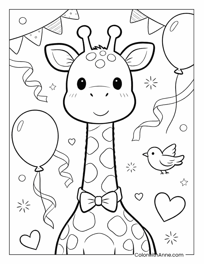 Festive Giraffe with Balloons and Bunting Coloring Page