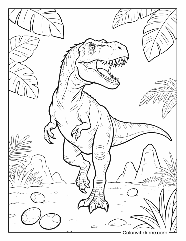 Fierce T-rex with Tropical Leaves and Dino Eggs Coloring Page