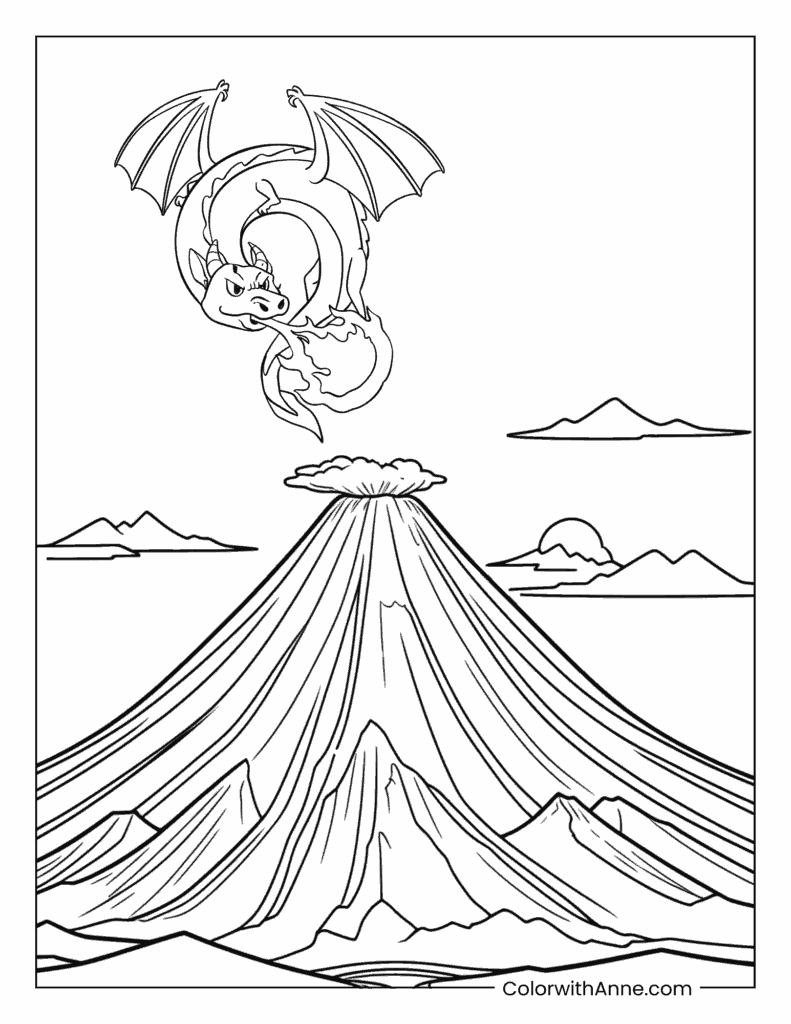 Fire Dragon in a Volcano Coloring Page