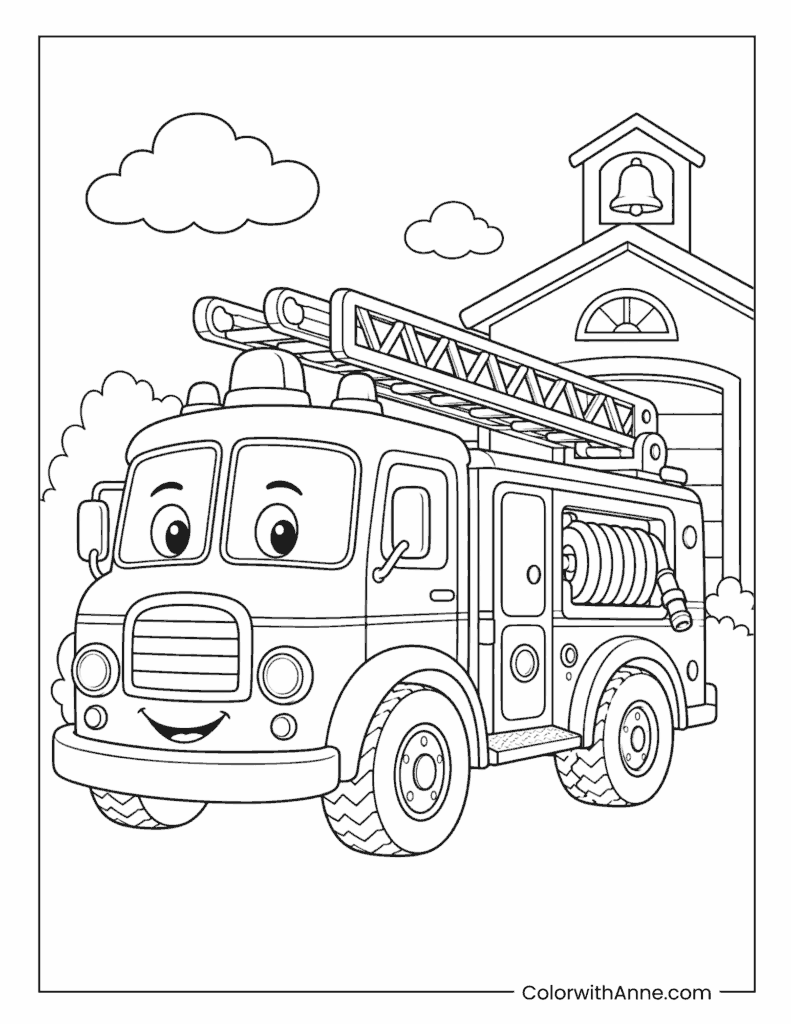 Fire Truck Outside Fire Station With Ladder Coloring Page