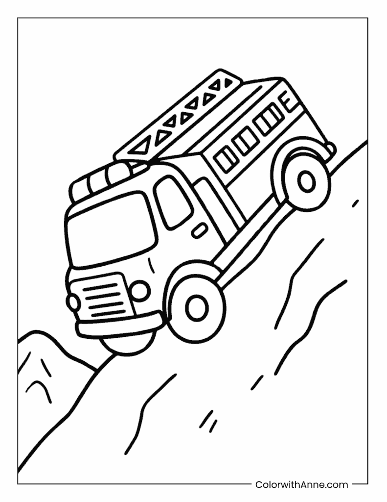 Fire Truck Running Down a Hill Coloring Page