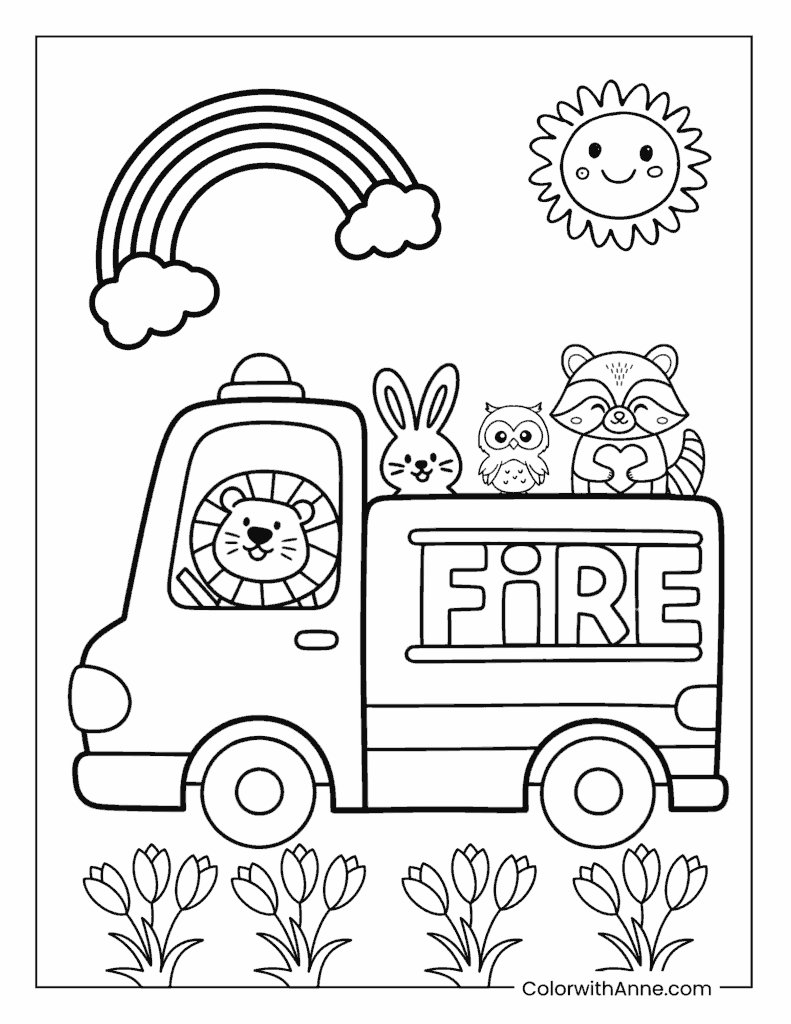 Fire Truck and Cute Animals Coloring Page