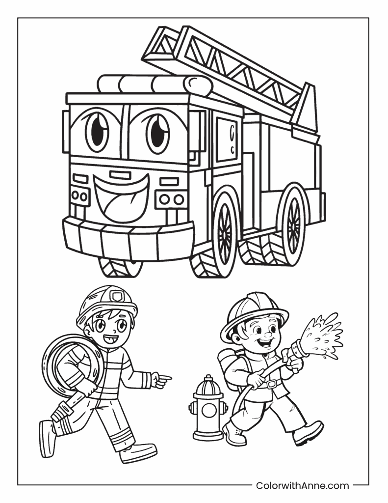 Fire Truck and Firefighter Coloring Page