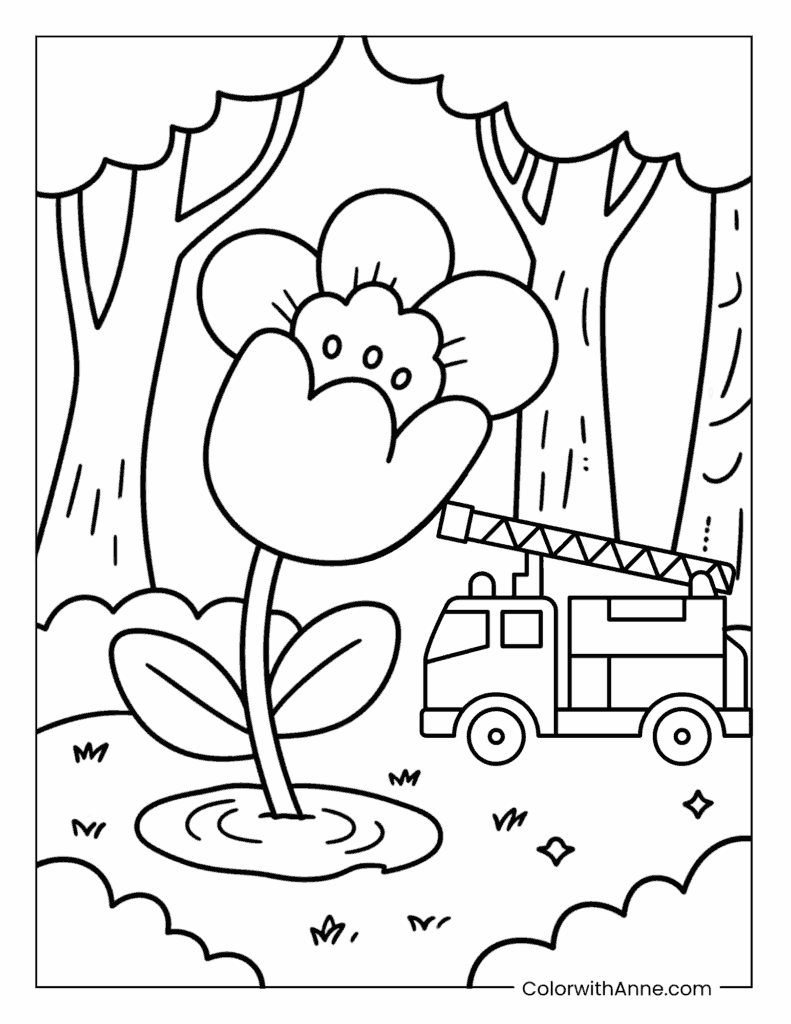 Fire Truck and a Giant Flower in a Fantasy Forest Coloring Page