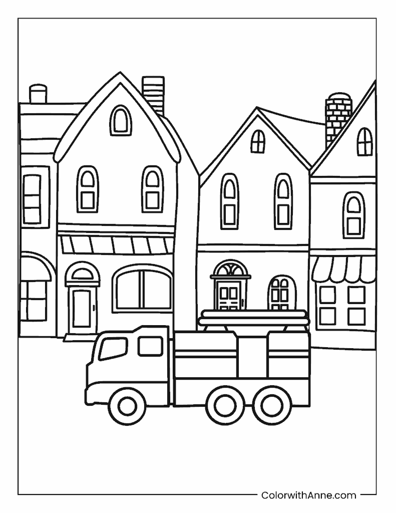 Fire Truck in a Town Coloring Page
