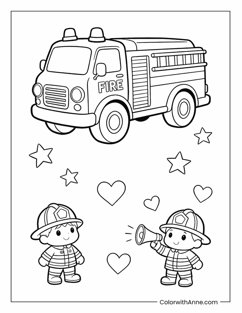 Fire Truck with Firefighters and Hearts Coloring Page
