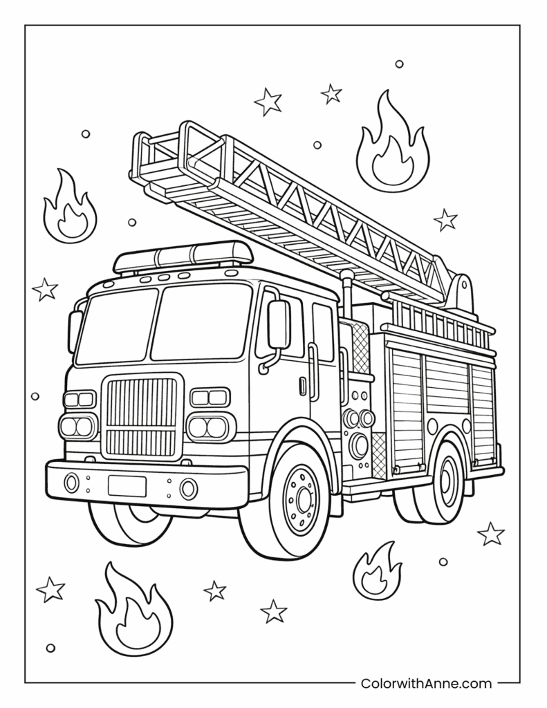 Fire Truck with Stars and Flames Coloring Page