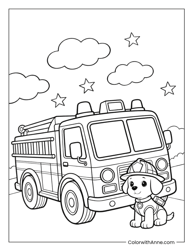 Fire Truck with a Happy Firefighter Dog Coloring Page