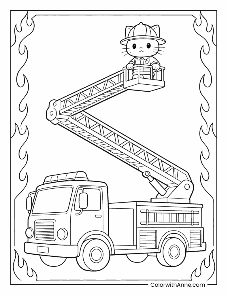 Fire Truck with a Kitten on the Ladder Coloring Page