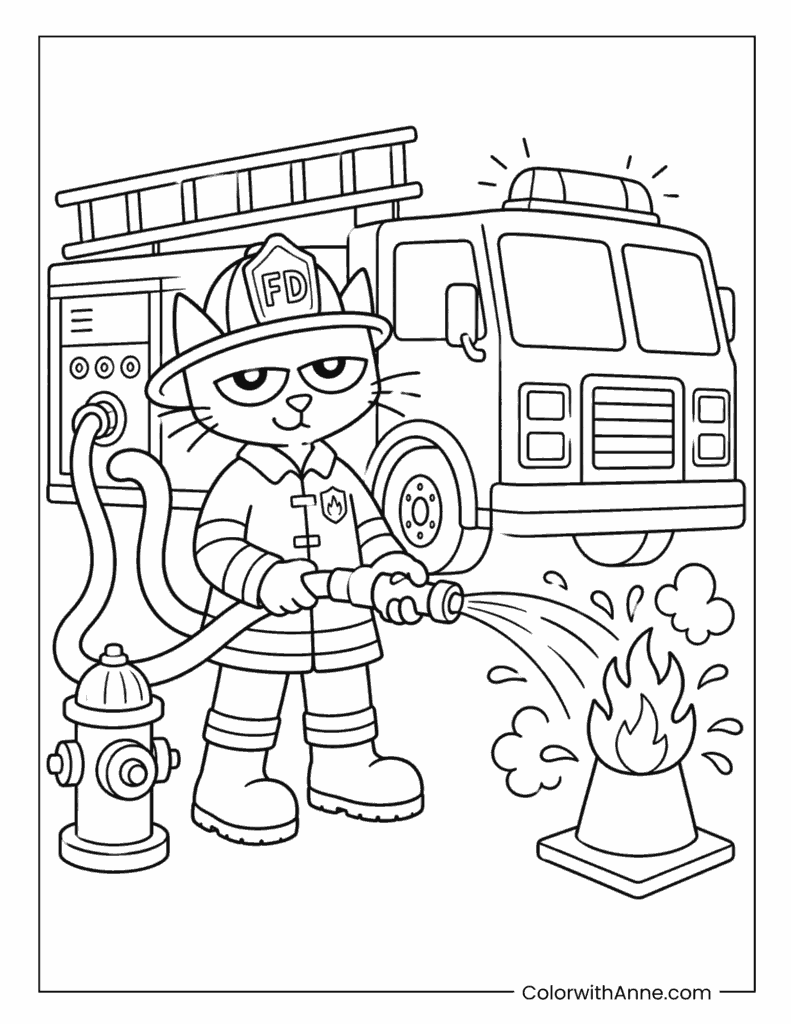 Firefighter Pete the Cat Coloring Page