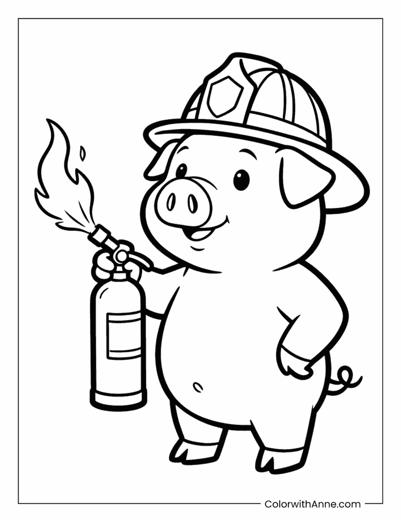Firefighter Pig with an Extinguisher Coloring Page