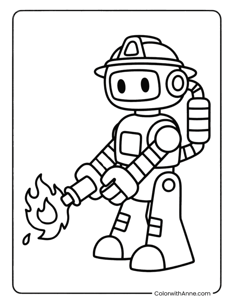 Firefighter Robot Extinguishing Flames Coloring Page
