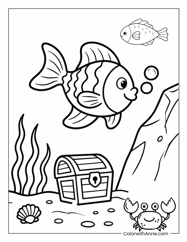 Fish Blowing Bubbles on the Ocean Floor Coloring Page
