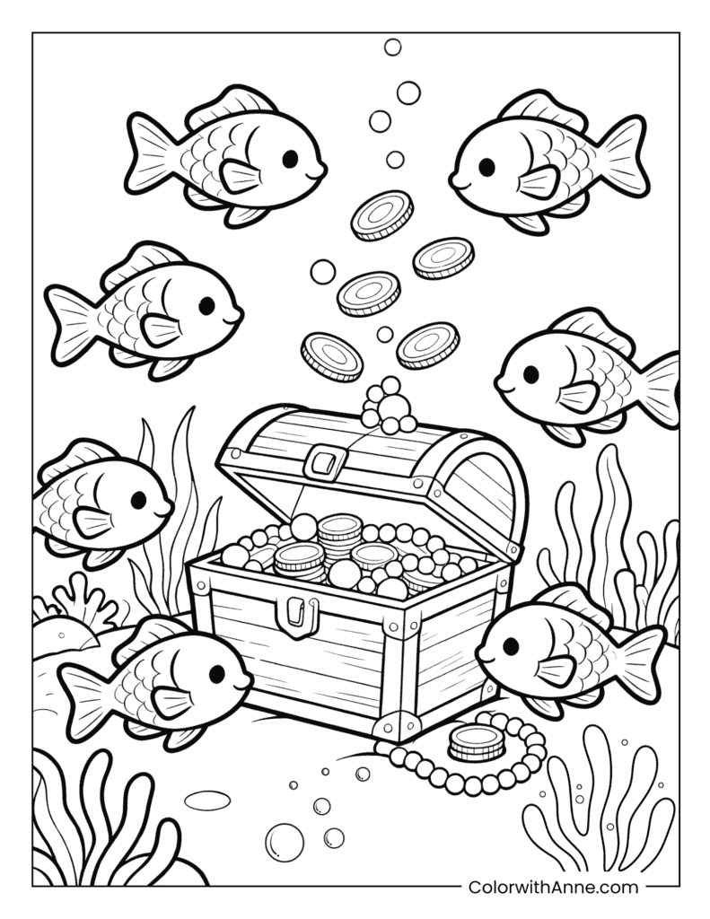 Fish and a Treasure Chest in the Deep Sea Coloring Page