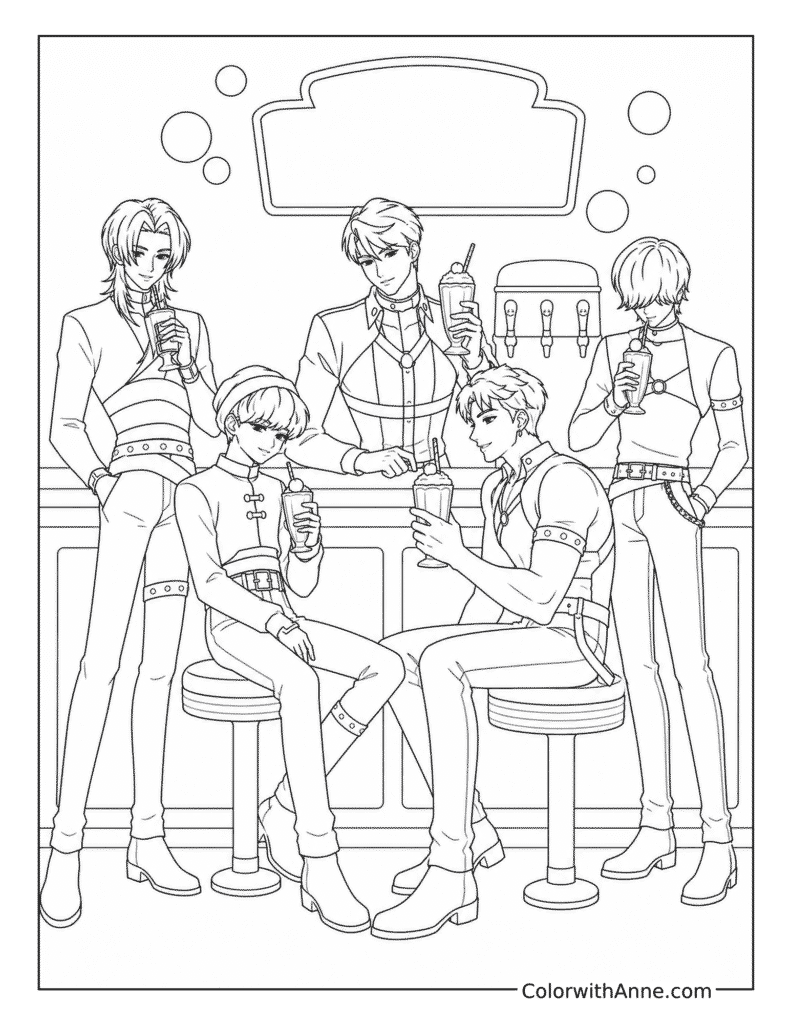 Five Friends in a Retro Soda Café Coloring Page
