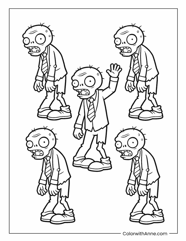 Five Funny Zombies Coloring Page for Kids