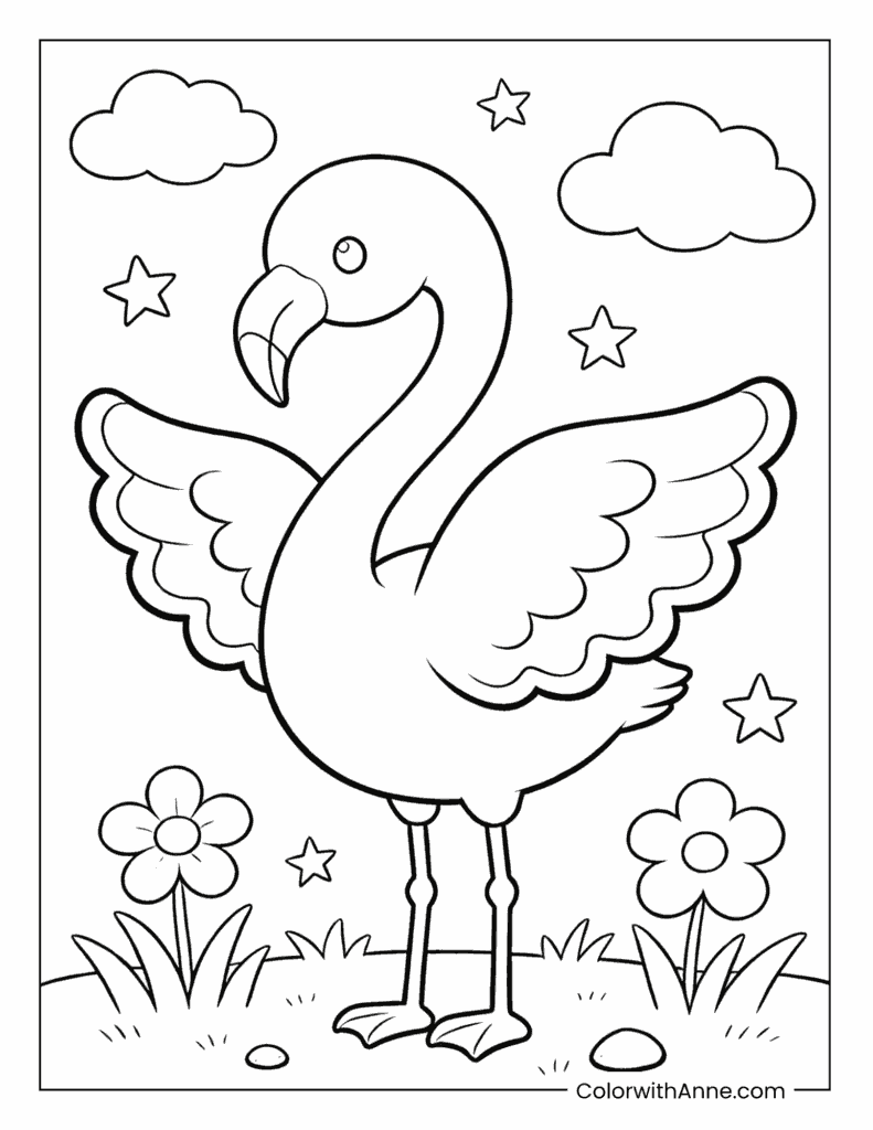Flamingo Among Clouds and Flowers Coloring Page