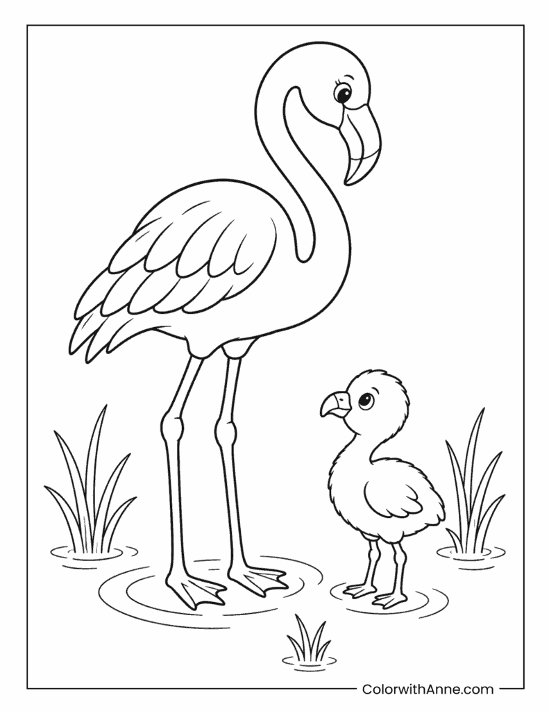 Flamingo And Chick Standing In Wetland Coloring Page