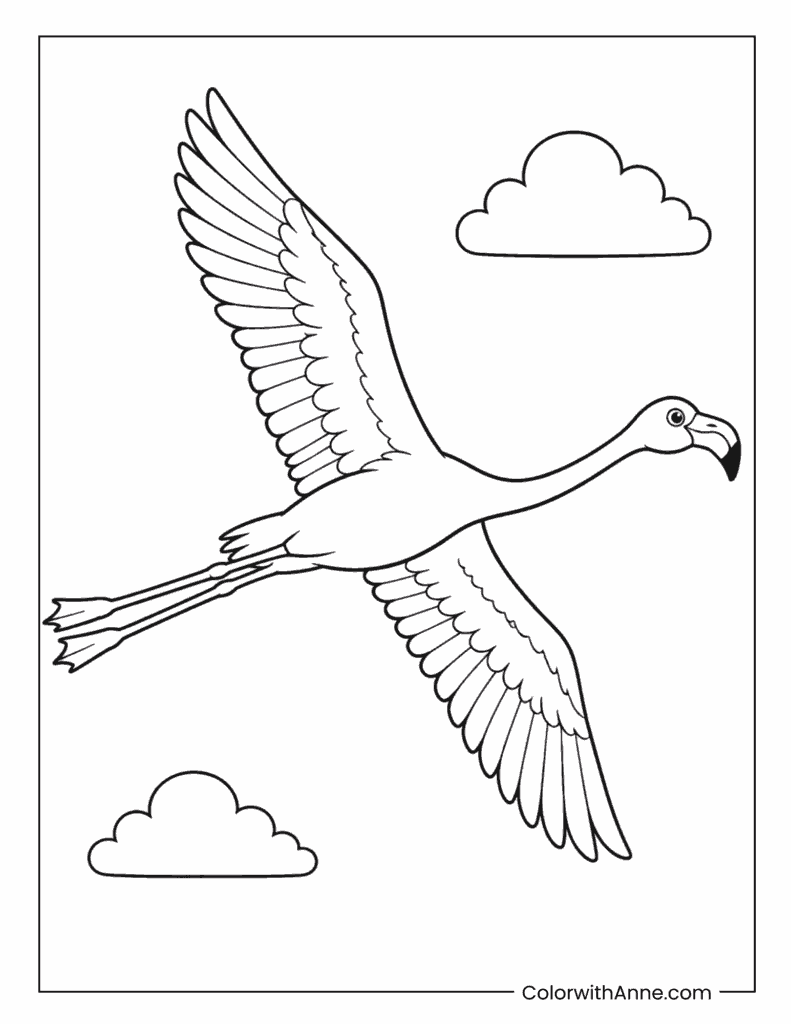 Flamingo Flying Across Clouds Coloring Page