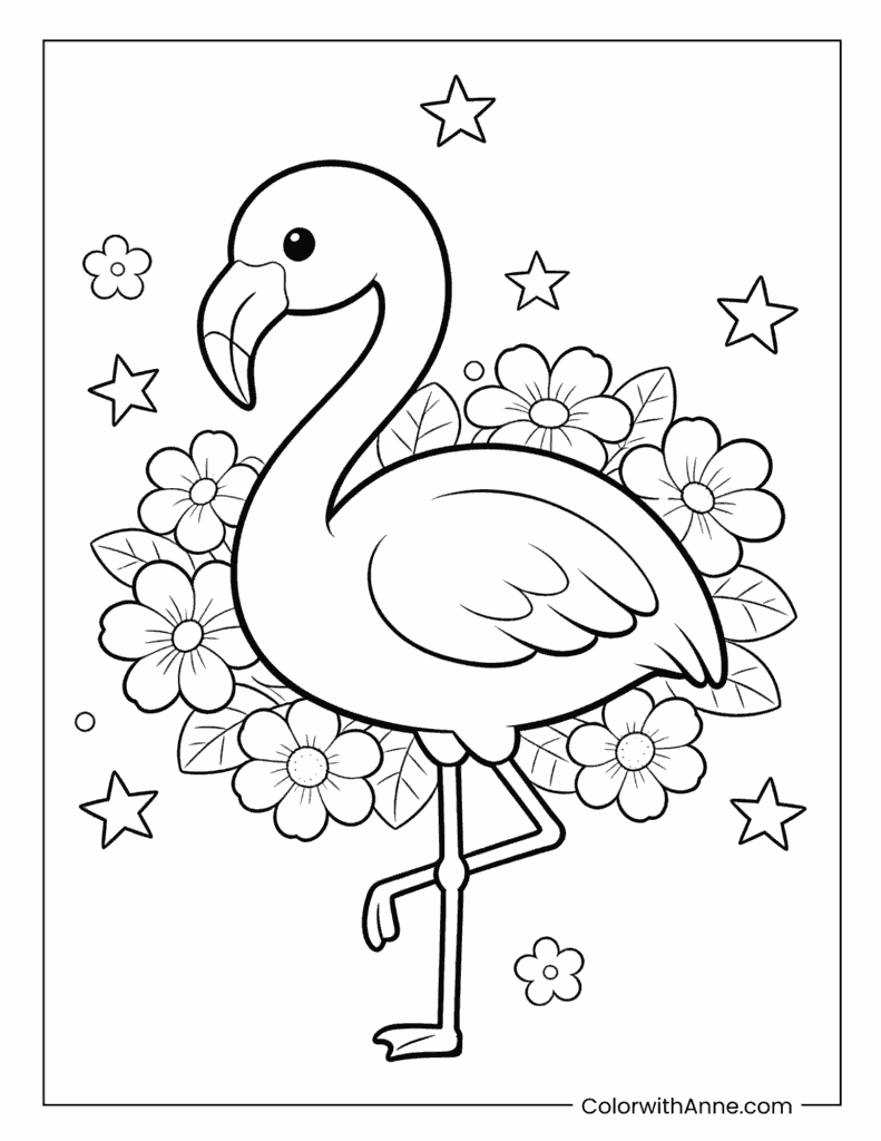 Flamingo Surrounded by Flowers and Stars Coloring Page