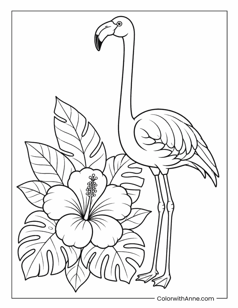 Flamingo With Hibiscus Flower Coloring Page