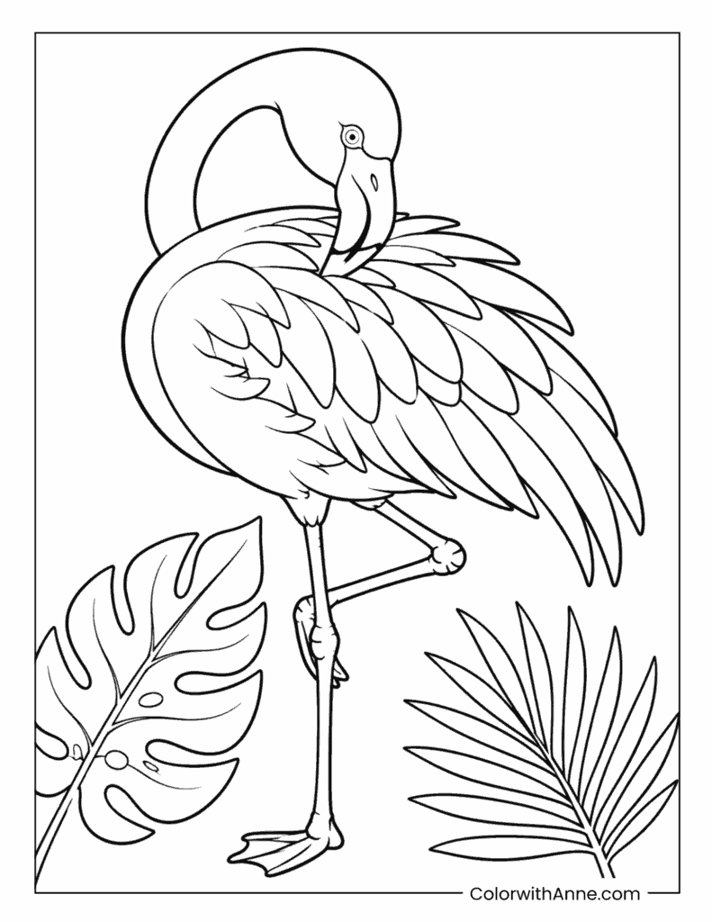 Flamingo With Tropical Leaves Coloring Page