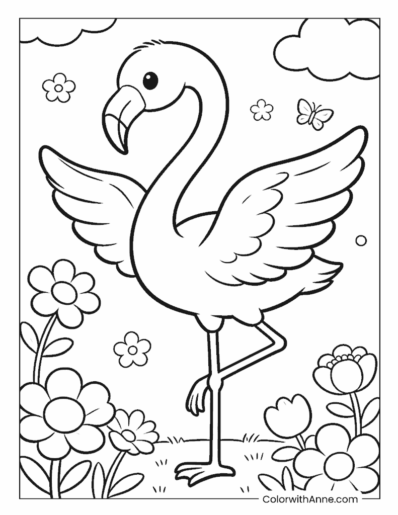 Flamingo on Grass with Butterflies Coloring Page