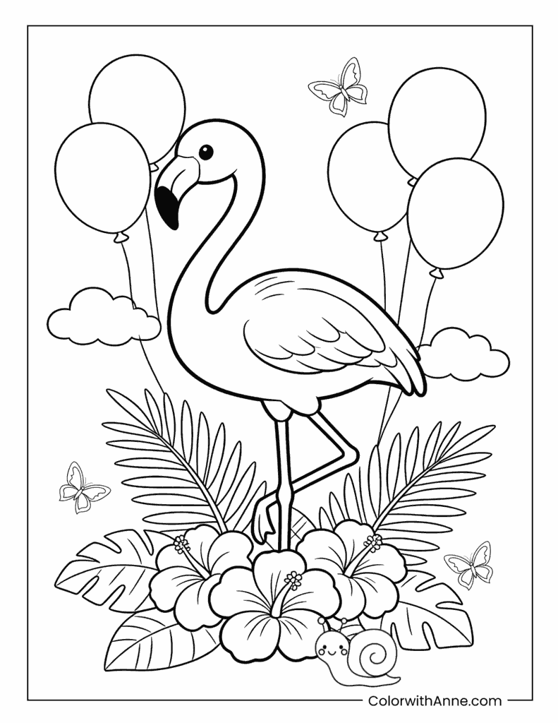 Flamingo with Balloons and Tropical Leaves Coloring Page