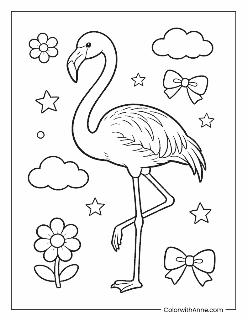 Flamingo with Bows and Stars Coloring Page