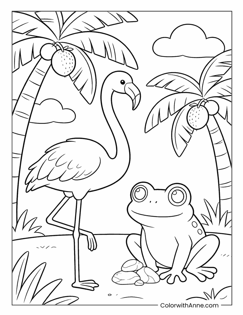 Flamingo with Frog and Palm Trees Coloring Page